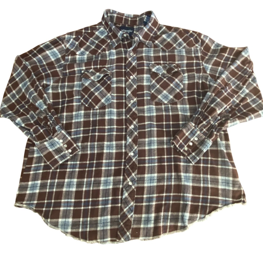 Wrangler Mens XXL Brown Blue Plaid‎ Flannel Western Pearl Snap Shirt Long Sleeve